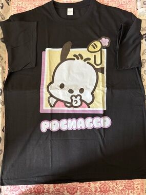 Pochacco Black Cotton  Tee with Pink & Yellow Graphic